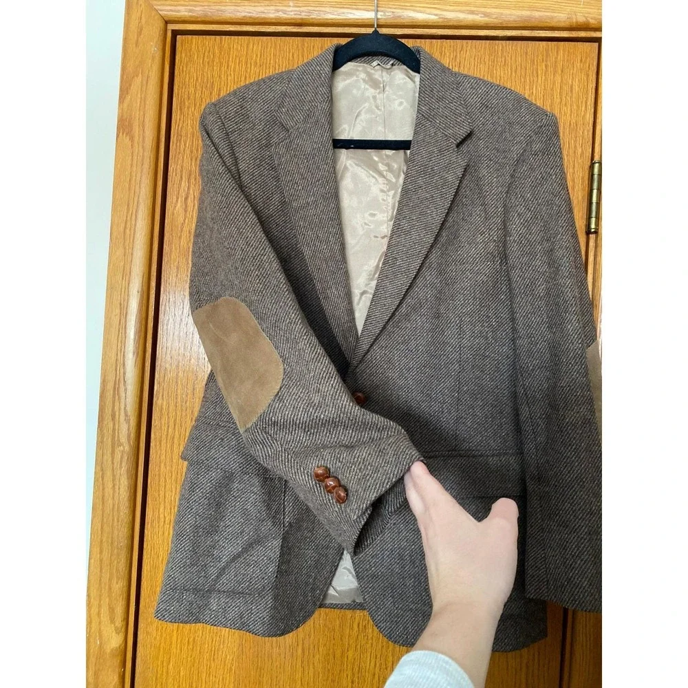 Vintage Wool‎ Herringbone Suede Elbow Patches Brown Blazer 40R Mens Western Folk